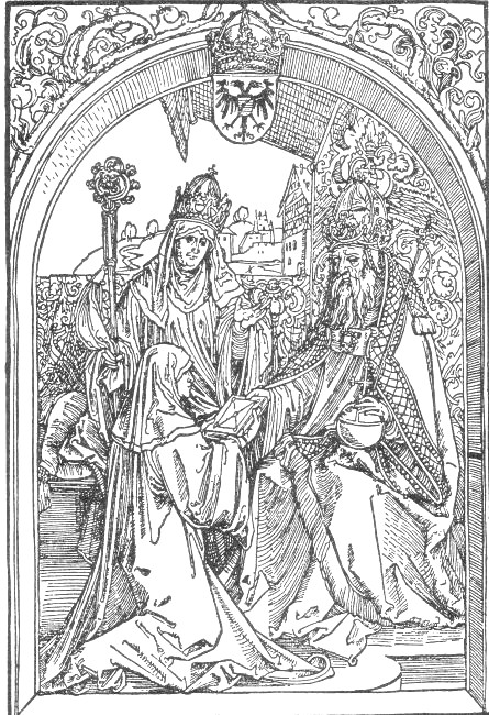 Albrecht Dürer: Hrotsvitha überreicht Kaiser Otto ihre Schriften, Holzschnitt, 1501