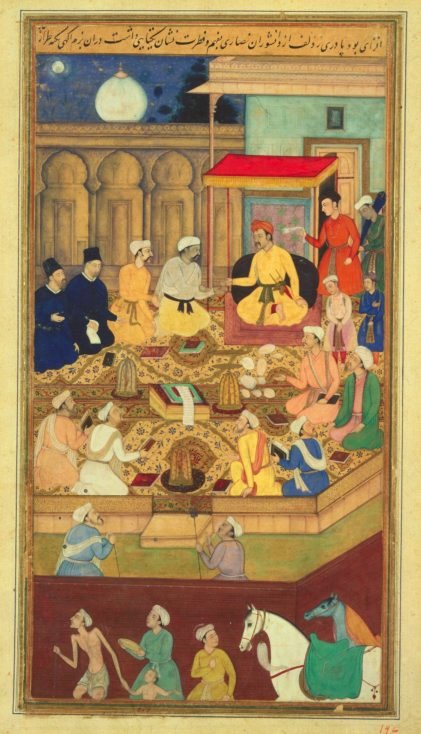 Großmogul Akbar im Dialog mit Jesuiten. Zeitgenössisches Gemälde von Narsingh, um 1605, The Chester Beatty Library in Dublin