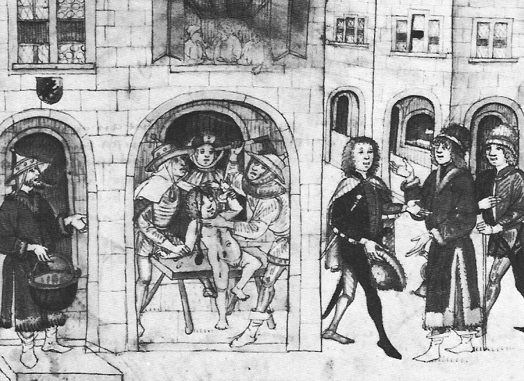 Der Mord an Rudolf, aus: Diebold Schilling der Ältere: Berner Chronik, in der Burgerbibliothek in Bern