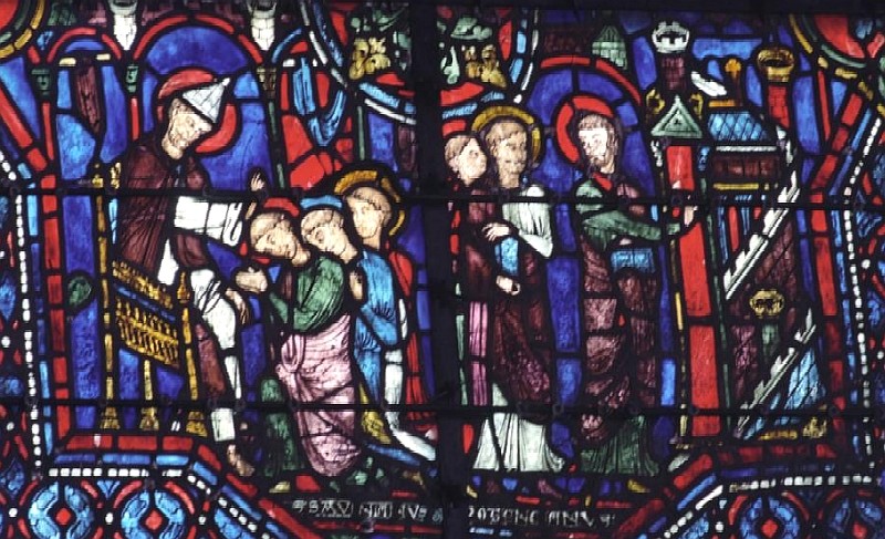 Glasfenster: Sabinianus und Potentianus werden von Petrus ausgesandt (links) und kommen in Sens an (rechts), 13. Jahrhundert, in der Kathedrale in Chartres
