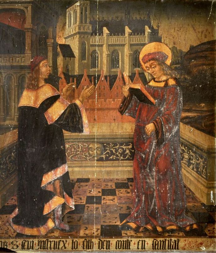 Deteil aus der zweiten Tafel zur Lebensgeschichte von Sabinus mit Inschriften in okzitanischer Sprache, um 1600, in der Kirche des ehemaligen Klosters in Saint-Savin