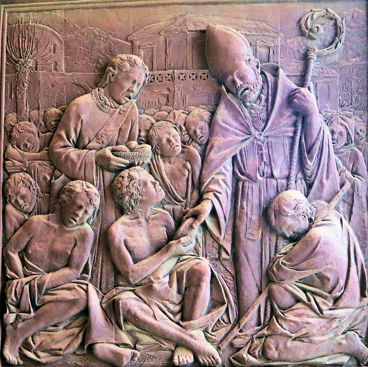 Bronzerelief: Sabinus und Romulus beschenken Arme, am Portal der Hypolistus geweihten Pfarrkirche in Atripalda