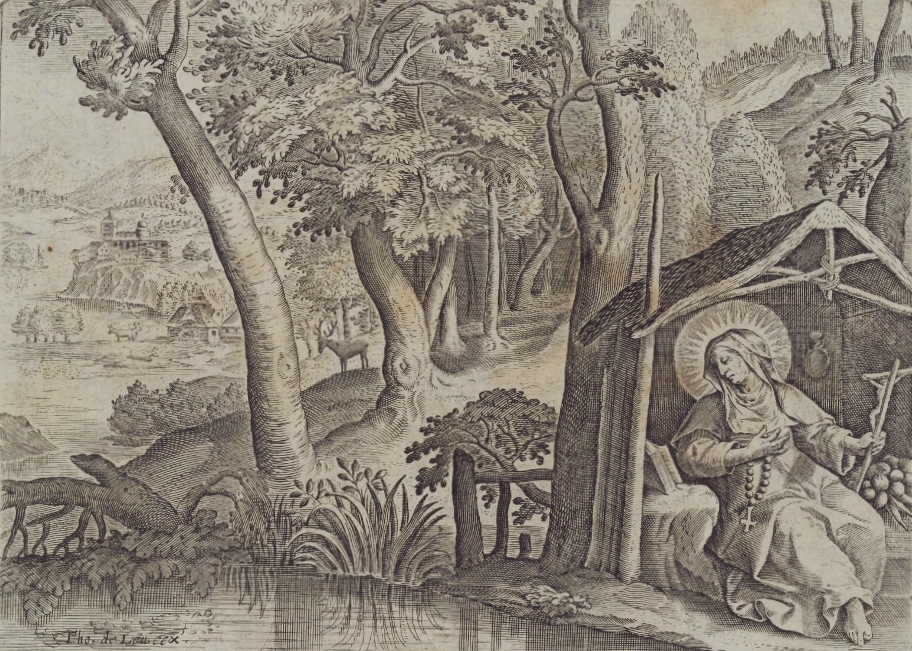 Nicolaes de Bruyn: Sara von Ägypten in einer Hütte am Fluss. Kupferstich, 1606, in der Herzog August Bibliothek in Braunschweig