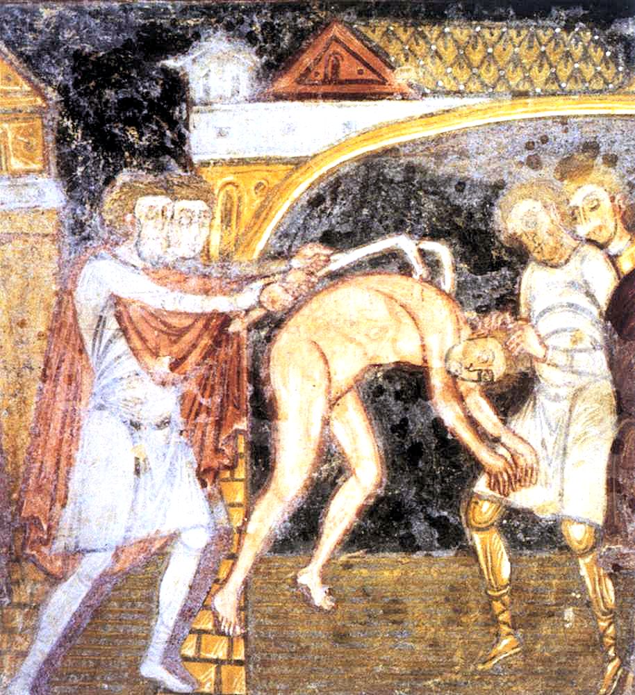 Fresko: Cyprianus' Martyrium, um 1100, in der rechten Krypta der Kirche des ehemaligen Klosters in Saint-Savin-sur-Gartempe