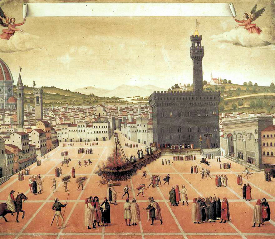 Zeitgenössisches Gemälde: Savonarola wird auf dem Platz vor dem Rathaus, dem Palazzo Vecchio, als Ketzer verbrannt, 1650, im Museum San Marco in Florenz