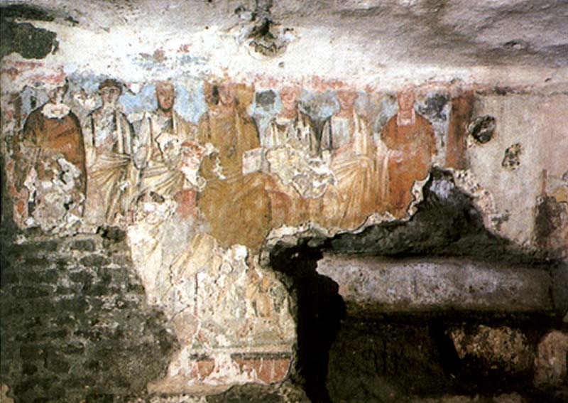 Fresko: Secundus, Carpophorus, Victorinus und Severianus zusammen mit Jesus Christus, Petrus und Paulus, Anfang des 5. Jahrhunderts, in den Katakomben San Senatore in Albano