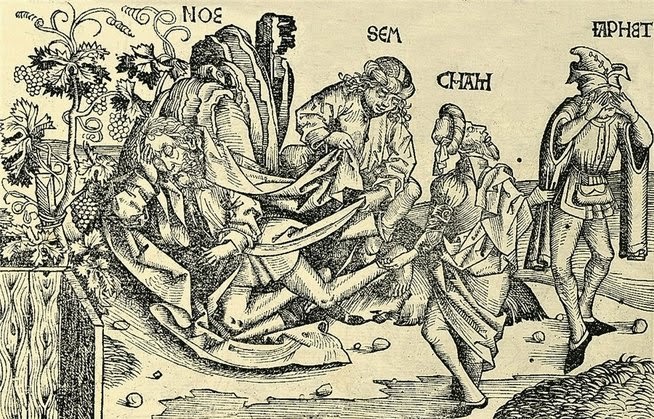 Sem mit dem betrunkenen Noach und seinen Brüdern. Aus der Schedel'schen Weltchronik, Nürnberg 1493