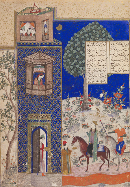 Khosrau besucht Shirin in ihrem Schloss. Buchmalerei aus dem 1180 verfassten Epos 'Khosrau und Shirin' des persischen Dichters Nezami, 15. Jahrhundert, Freer Gallery of Art in Washington
