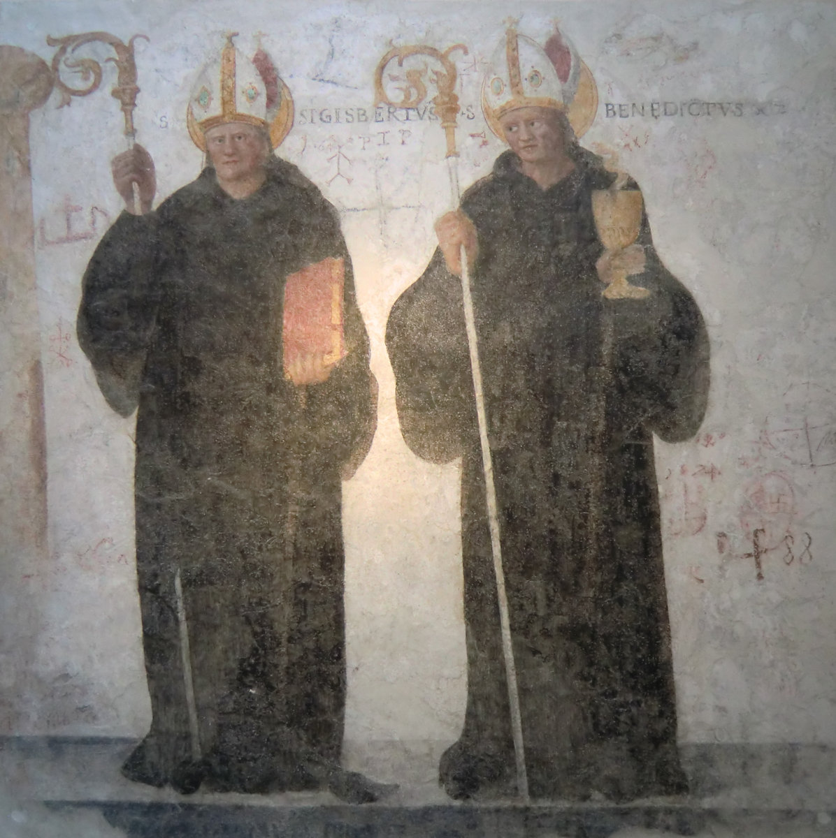 Fresko: Sigisbert mit Benedikt von Nursia, um 1577,, im Museum des Klosters Disentis