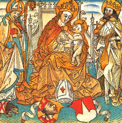 Holzschnitt, unbekannter Künstler, 1489: Sigismund (rechts) und Korbinian, die beiden Patrone der DiÖzese Freising, mit Maria und dem Jesuskind