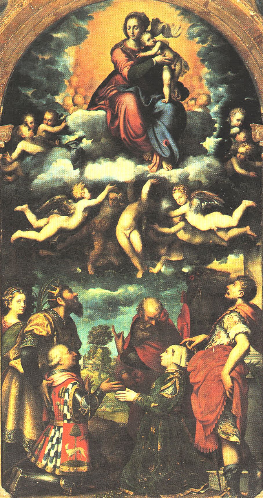 Giulio Campi: Sigismund (2. von links), Hieronymus (3. von rechts), Daria und Chrysanthus (rechts) Maria , Altarbild, 1540, in der Kirche San Sigismondo in Cremona