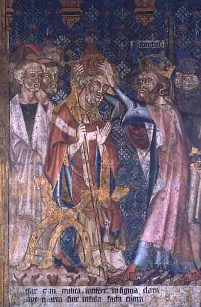 Kölner Werkstatt: Silvester wird durch Konstantin als Papst gekrönt. Detail von der nördlichen Chorschranke im Dom in Köln, um 1332
