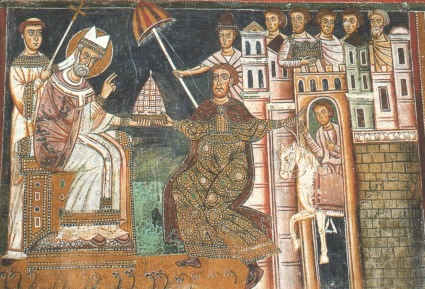 Fresko: Silvester bekommt von Konstantin die Papstkrone und einen Schimmel überreicht, 1246, im Kloster SS. Quattro Coronati in Rom