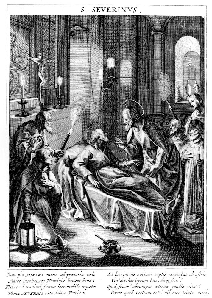 Rafael Sadeler d. Ä.: Silvinus wird von Severin von Norikum wieder zum Leben erweckt, um 1618, Kupferstich aus „Bavaria Sancta”