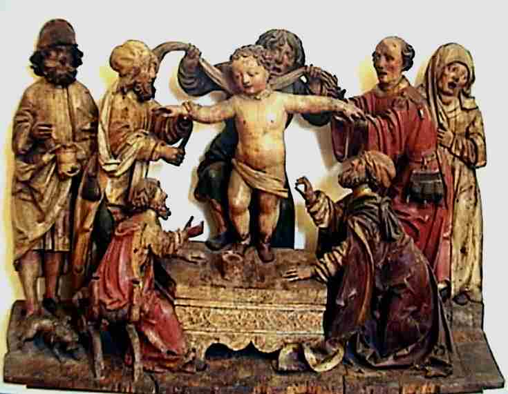 Antisemitisches Schnitzwerk über den Mord am Kind Simon, heute im Diözesanmuseum in Trient