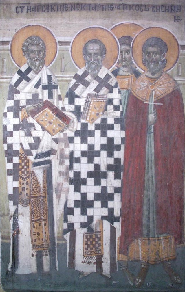 Wandmalerei im Kloster Gračanica im Kosovo: Patriarchen Nektarios, Arsakios von Tarsus (404 - 405) und Sisinnios I.
