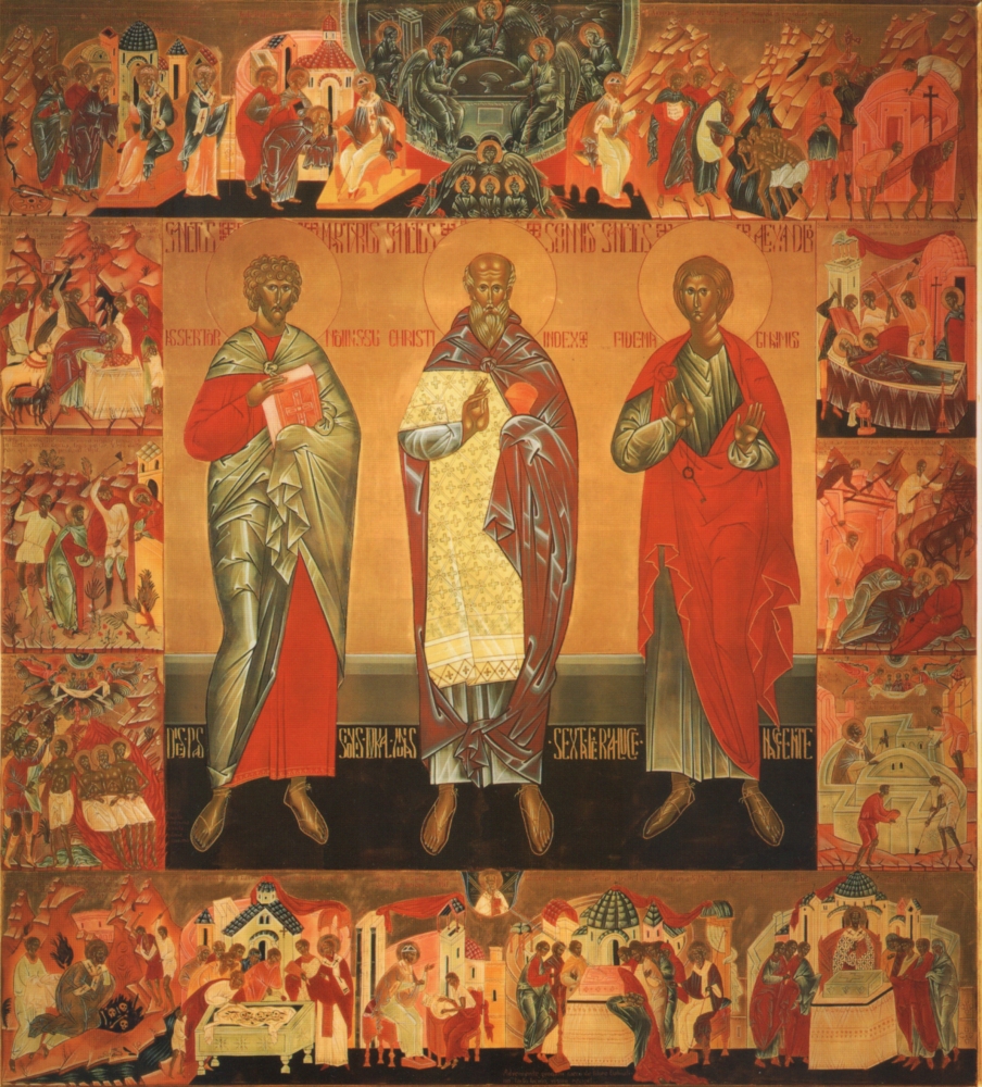 Fabio Nones: Sisinnius (Mitte), Martyrius (links) und Alexander (rechts), Ikone, 1990, in der Pfarrkirche in Sanzeno