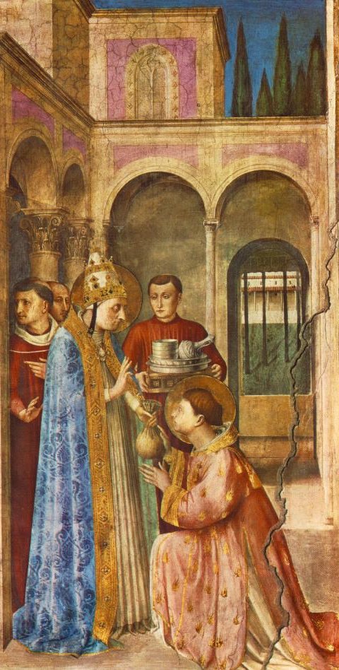 Fra Angelico: Sixtus vertraut Laurentius die Kirchenschätze an. Fresko, 1447 - 49, in der Cappella Niccolina in den Vatikanischen Museen