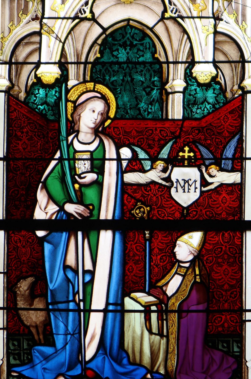 Glasfenster: ein Erzbischof von Bourges vor Solangia, 1869, in der Kathedrale in Bourges