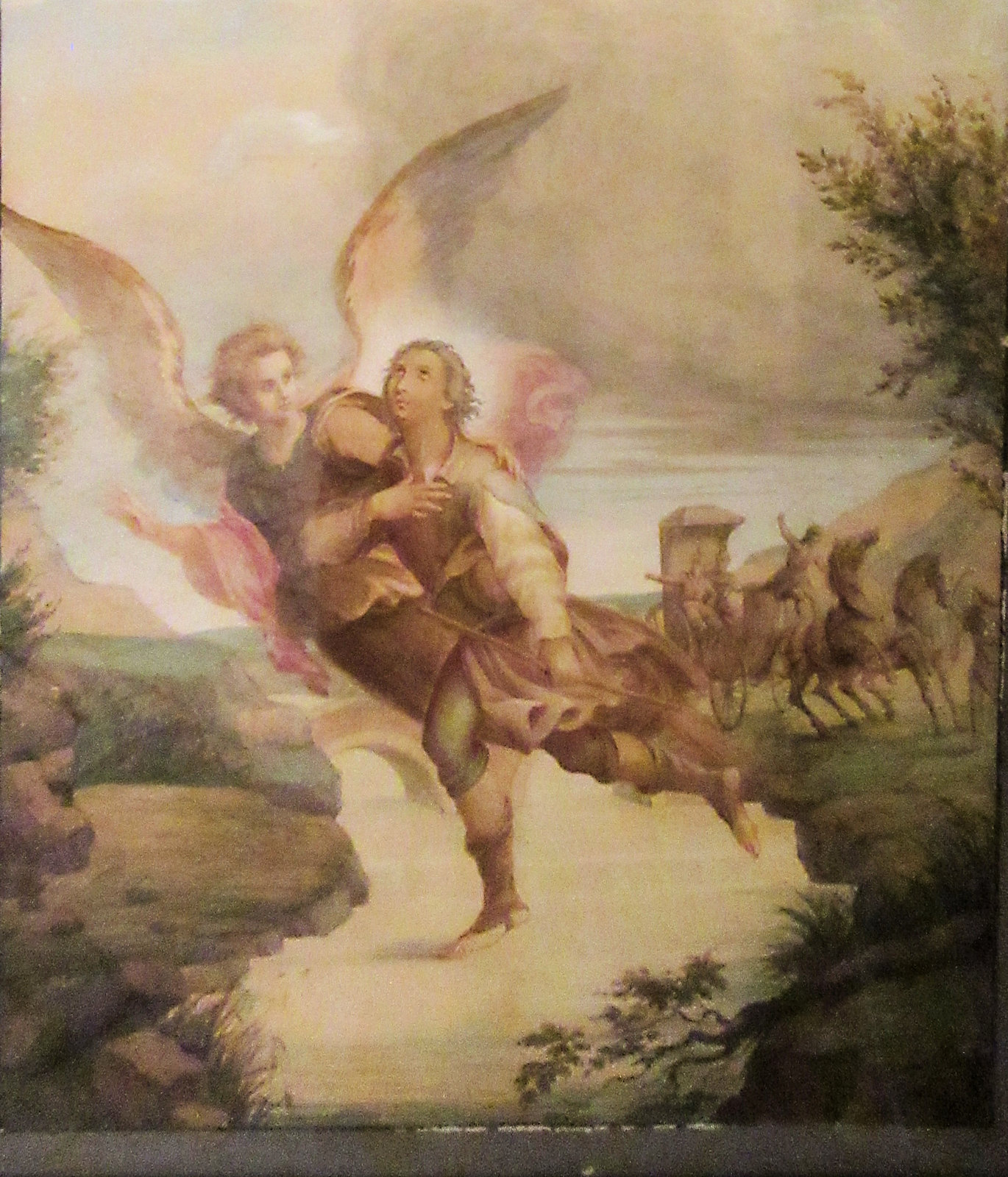 Andrea Pozzo: ein Engel hält die Pferde des Stanislaus auf seiner Flucht verfolgenden Bruders auf, ein anderer Engel hilft Stanislaus, den Fluss zu überqueren