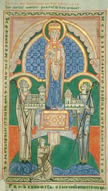 Buchmalerei: Stephen Harding (rechts) und der Abt von St. Vaast in Arras (links) zeigen Maria Modelle ihrer Kirchen, unten deutet der Schreiber Osbert auf ein Manuskript, in der Bibliotheque Municipale in Dijon