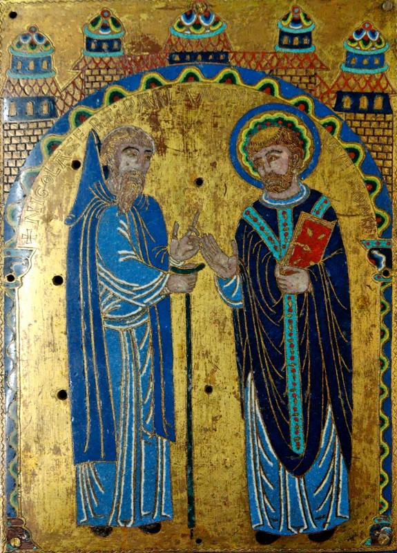emailierte Kupferplatte: Stephan von Muret (rechts) mit Hugo von Lacerta, 1189 - 1190 für die Abtei Grandmont., jetzt im Nationalmuseum des Mittelalters im Hôtel de Cluny in Paris
