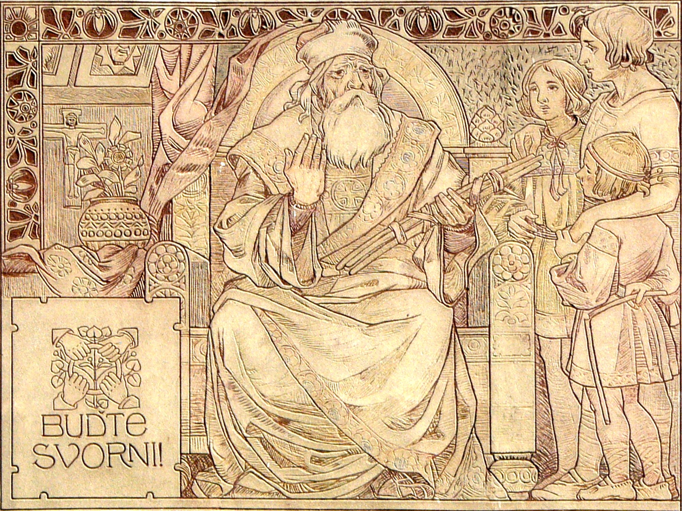 Relief: Svatopluk mit seinen drei Söhnen, 1900/1901, im Schloss in Prostejov bei Olomouc