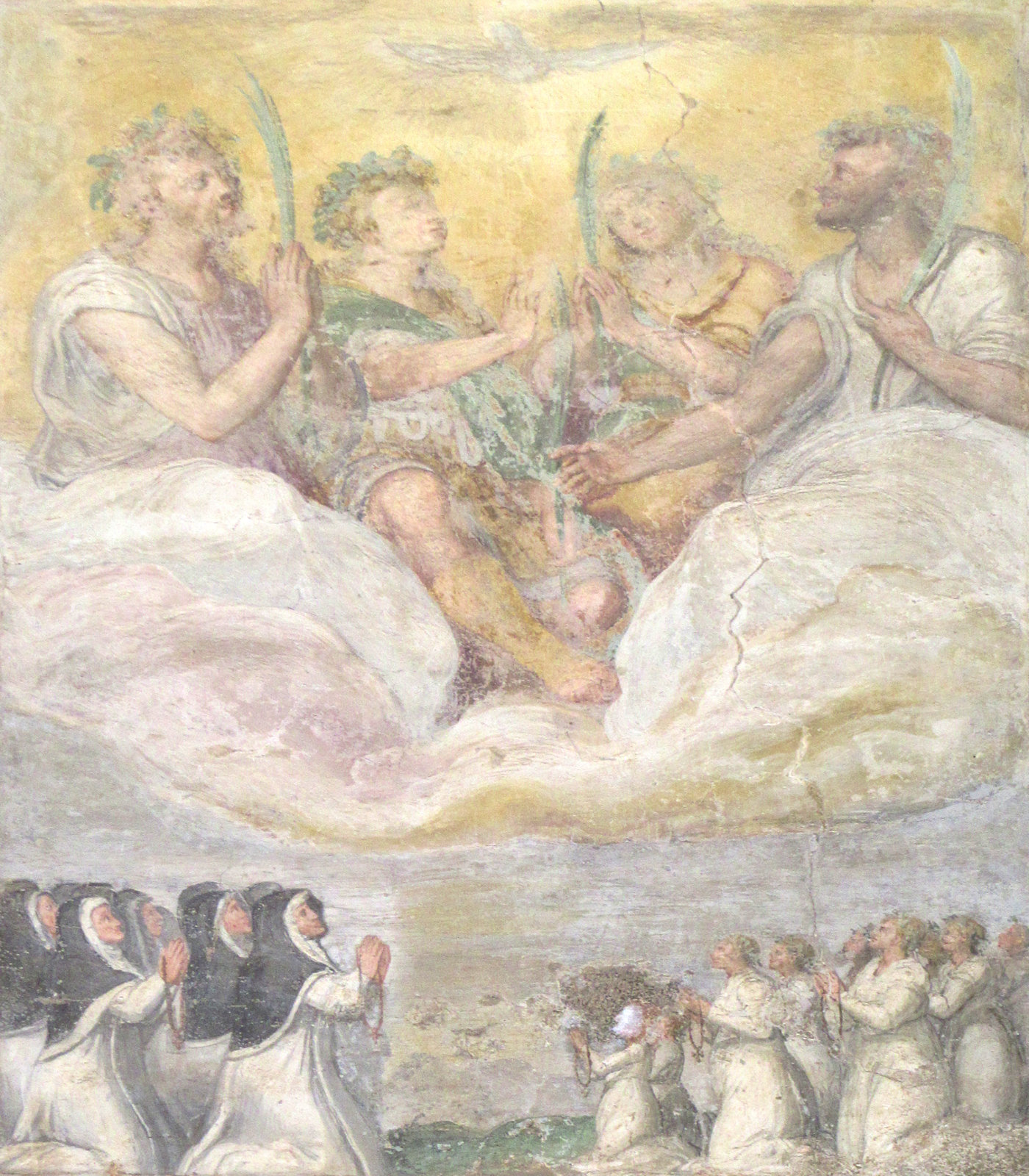 Die „Quattuor Coronati”, verehrt von Ordensleuten des Kloster, Fresko über dem Eingang zur Kirche Santi Quattro Coronati