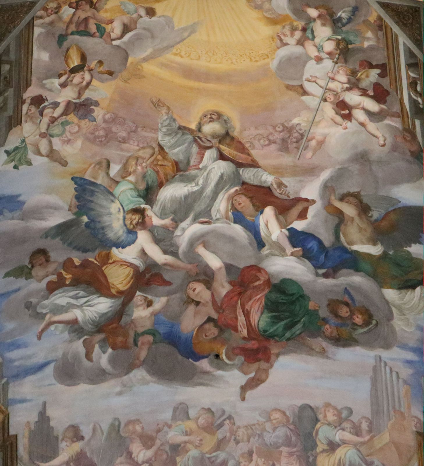 Giovanni Battistaa Carlone: Syrus in der himmlischen Herrlichkeit, Deckenfresko, 1652, in der Kirche San Siro in Genua