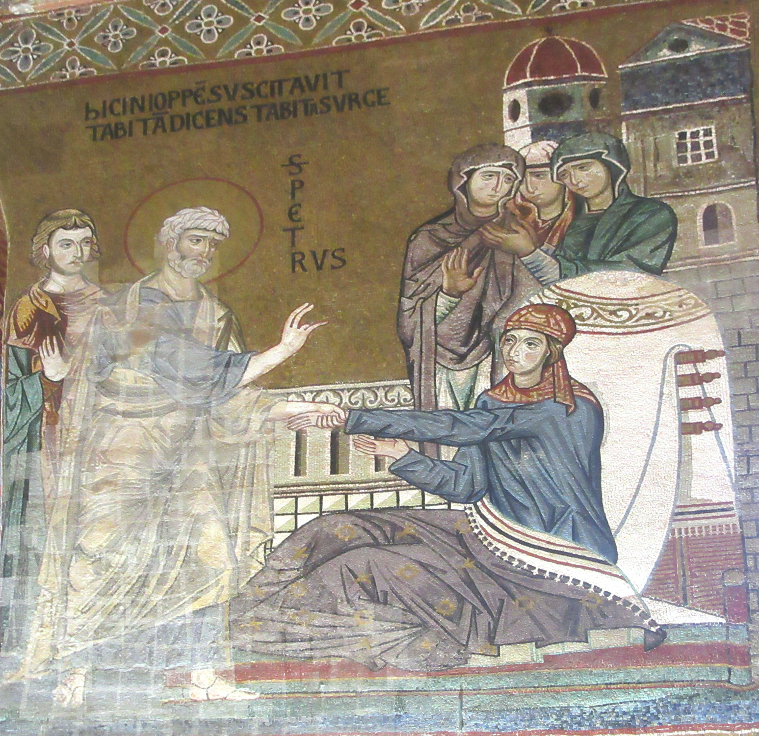 Mosaik: Petrus erweckt Tabita vom Tod, um 1160, in der Cappella Palatina im Normannenpalast in Palermo