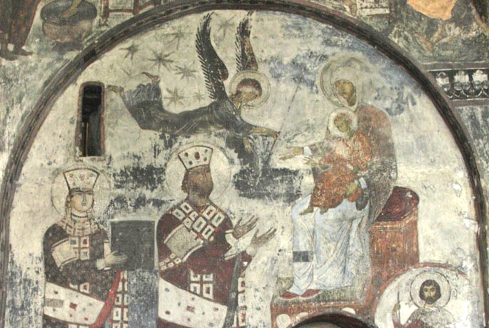 Fresko: Tamara und ihr Vater Georg III. (links) mit Maria und dem Jesuskind, im Höhlenkloster Wardsia
