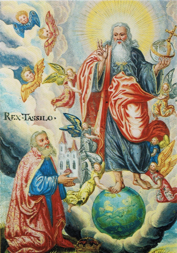 Herzog Tassilo III. von Bayern mit dem Modell der Stiftskirche Kremsmünster vor dem Salvator mundi kniend; aus dem „Rotelbuch”, 1595/1607, im  Stiftarchiv in Kremsmünster