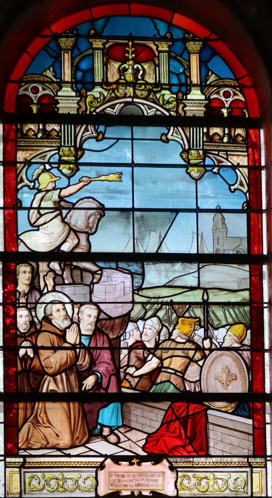 F. Haussaire: Teneans Gebet rettet Plabennec vor dem Überfall der Westgoten, Glasfenster, 1902, in der Kirche Saint-Thénénan in Plabennec