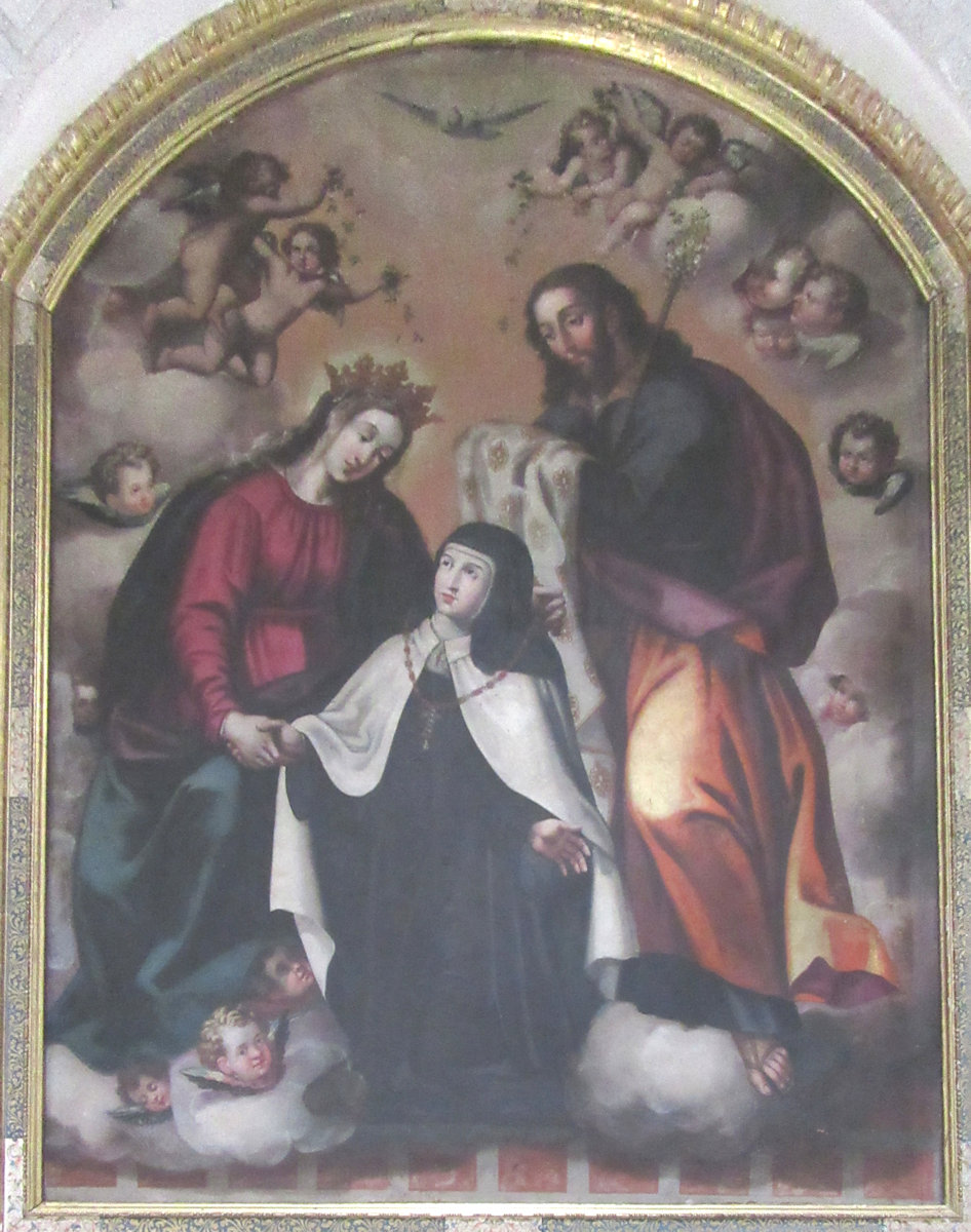 Theresa mit Maria, die sie an der Hand nimmt, und Joseph. Das Bild entspricht einer Vision der Theresa, die sie in ihrer Autobiografie berichtete. Bild in der Klosterkirche San José in Ávila