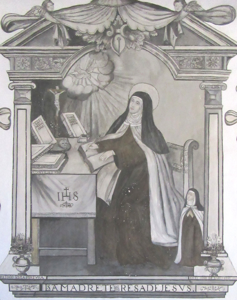 Wandmalerei: Theresa und ihre kleine Nichte, die auch in das Kloster eintrat, nach Theresas Tod entstanden, im Museum im Karmelitinnenkloster de la Encarnación in Ávila. Das Bild hat Theresa damals gemäß ihrer Vision anfertigen lassen.
