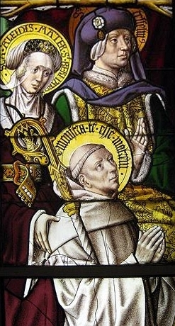 Glasfenster: Tezelin (oben rechts) mit Aleth und Bernhard von Clairvaux, um 1506 in der Klosterkirche Mariawald in der Eifel