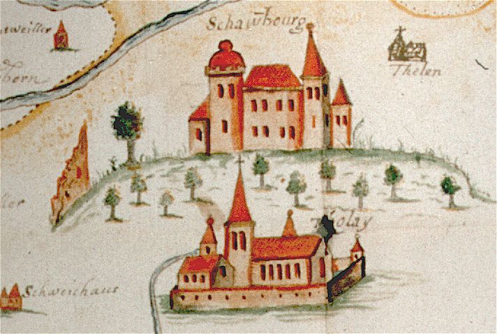 aus einer Landkarte: Abtei Tholey, dahinter die Schaumburg, 1588