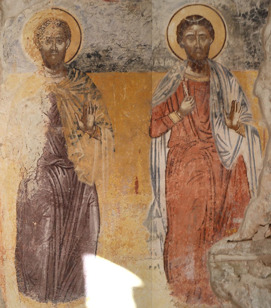 Fresko der beiden Theodor, um 1680, in der aufgegebenen Georgskirche im Ruinengebiet Paliochóra auf Ägina in Griechenland