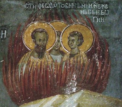 Theodotus (links) und Gefährten in Flammen, Fresko im Kloster Gračanica im Kosovo