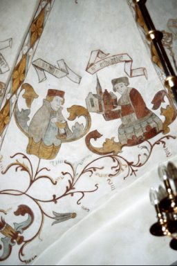 Wandmalerei: Kjeld von Viborg und Thöger, 1522, in der alten Kirche in Skive
