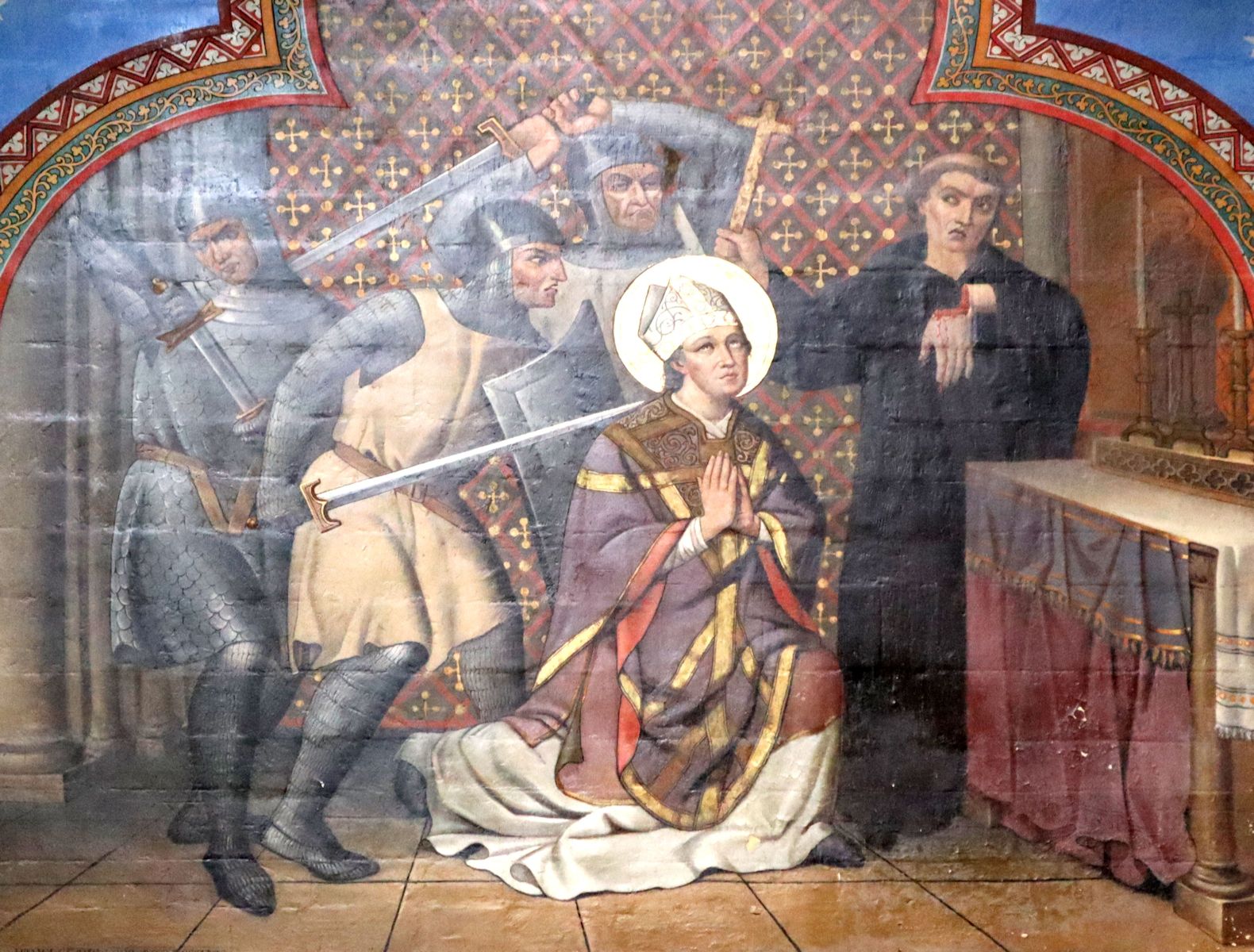 Frédéric Panchet, genannt Panchet-Bellerose: Thomas' Martyrium, Wandmalerei, 1862, in der Kathedrale in Bayeux