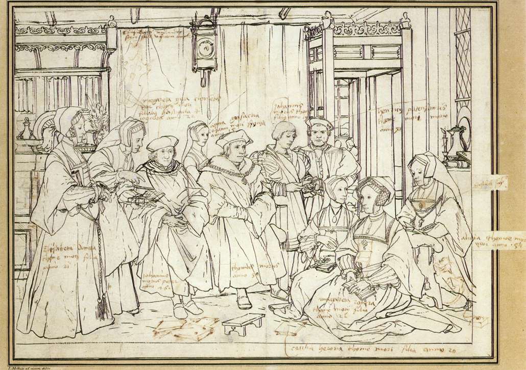 Hans Holbein der Jüngere: Thomas Morus mit Familie, um 1527, im Kupferstichkabinett der Kunstsammlung in Basel. Der Astronom Nikolaus Kratzer, der bei Morus als Hauslehrer tätig war, notierte die Namen der Abgebildeten: Links Mores älteste Tochter Elizabeth Dauncy (1506 - 1564), daneben die Adoptivtochter Margaret Giggs (1508 - 1570), die Thomas' Vater John More (um 1451 - 1530) ein Schriftstück zeigt. Thomas Morus sitzt im Zentrum, links davon seine Schwiegertochter Anne Cresacre (1512 - 1577) und sein einziger Sohn, ihr Mann John More (um 1509 - 1547). Dann, mit Gesicht zum Betrachter, der Hausgenosse Henry Patenson und ganz rechts seine Frau Alice, Morus' zweite Tochter; davor Cecily Heron (* 1507) und die älteste Tochter Margaret Roper (1505 - 1544).