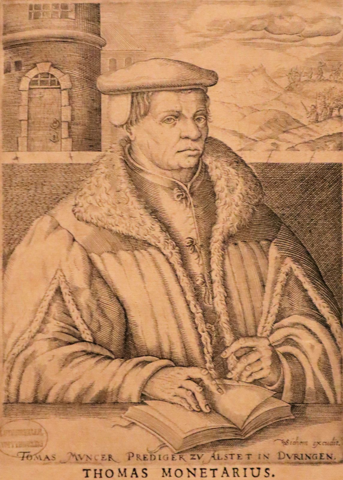 Christoffel van Sichem: Kupferstich, ältestes bekanntes Portrait von Müntzer, im Hintergrund seine Hinrichtung, 1608, im Lutherhaus in Wittenberg