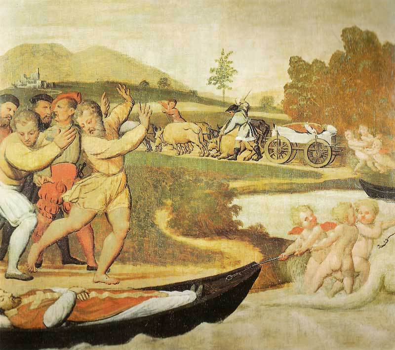 Pomponio Amalteo: Titians Leichnam wird von Engeln auf dem Fluss Livenza gegen den Strom nach Oderzo gezogen, 1534, im Diözesanmuseum in Ceneda / Vittorio Veneto