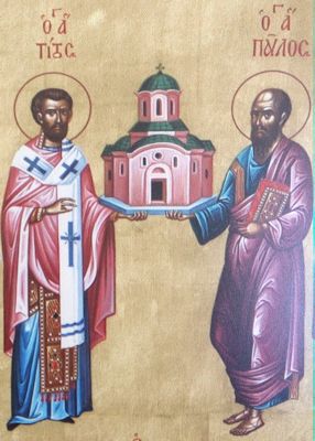 Titus (links) und Paulus, Ikone „Alle heiligen Kretas” (Ausschnitt), in der neuen Menas-Kathedrale in Iraklio