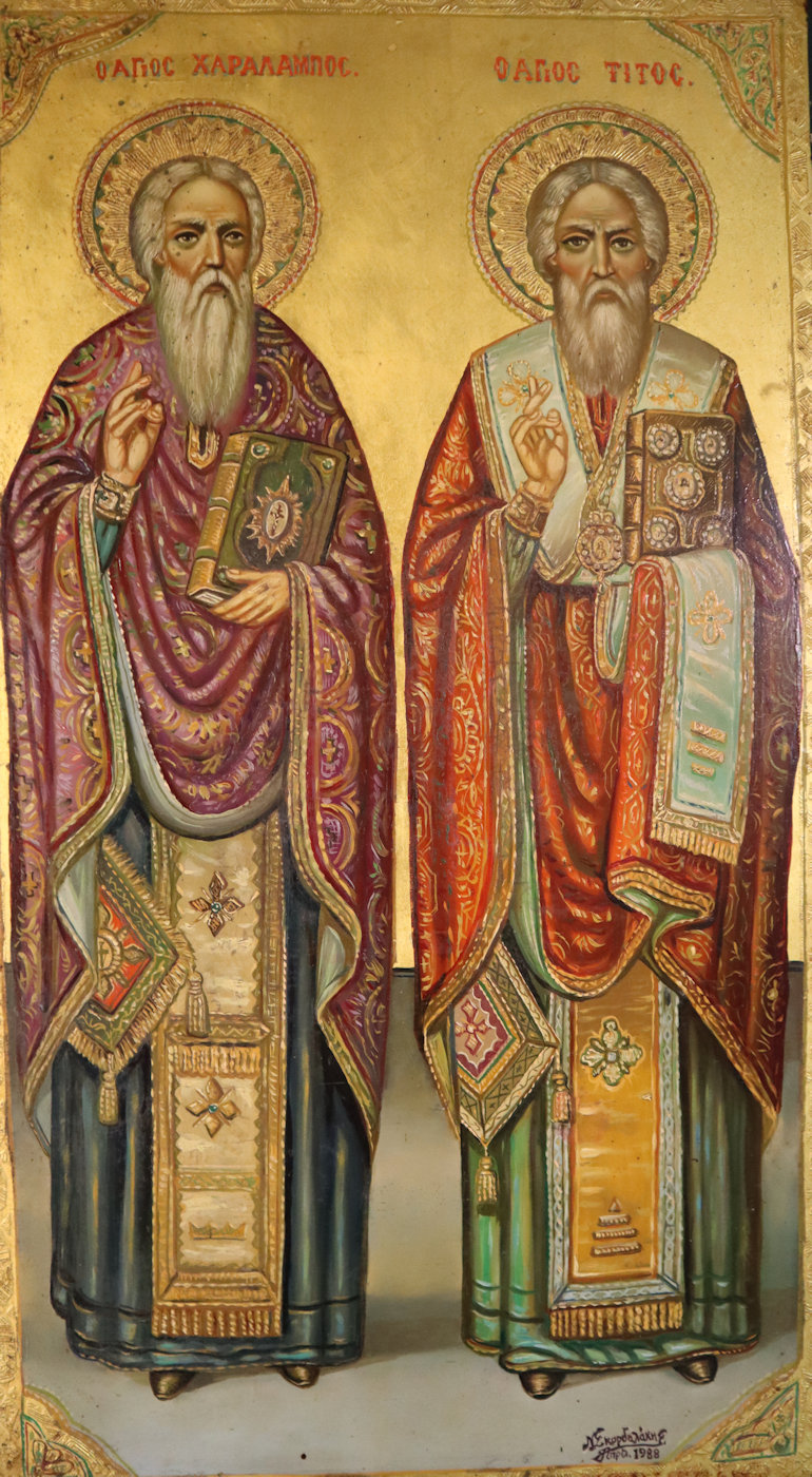 griechische Ikone: Titus (rechts) und Charalampos, in der Kapelle in Ágii Déka auf Kreta
