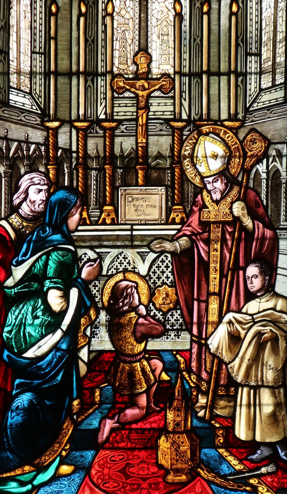 Franciscus Mossmeyer: Ubald wird 1108 im Kloster San Secondo eingesegnet, Glasfenster, 1922, in der Basilika Sant'Ubaldo in Gubbio