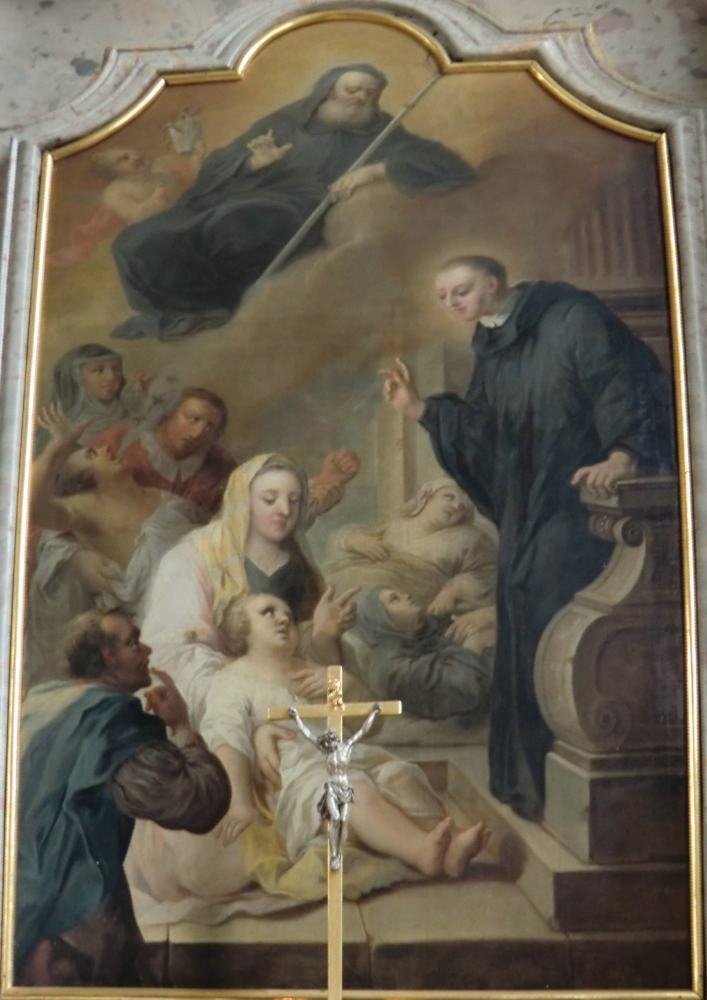 Simon Göser: Ulrich heilt, über ihm in den Wolken Benedikt von Nursia, um 1772, am Seitenalter in der Kirche in St. Ulrich