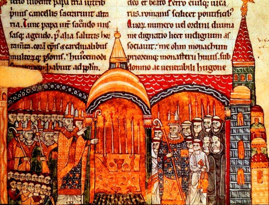 Buchmalerei: Urban als Kreuzzugsprediger bei der Synode in der Kathedrale in Clermont