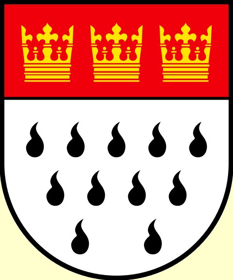 kleines Wappen der Stadt Köln: 3 Kronen für die Heiligen drei Könige und 11 Flammen für die Jungfrauen